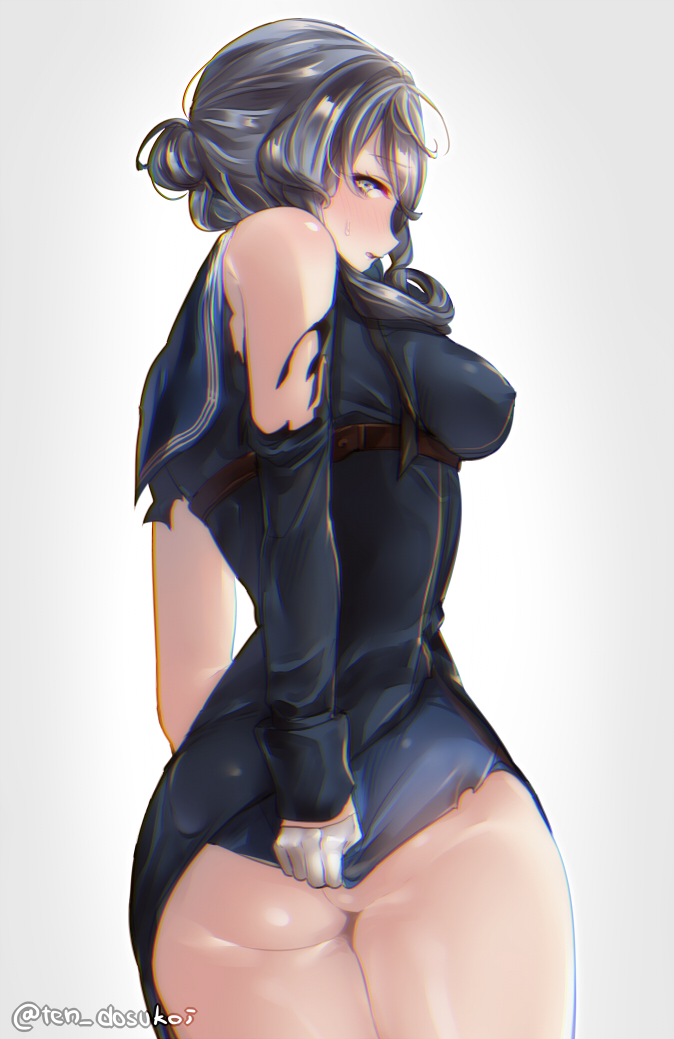 ass blue_hair blue_serafuku blush breasts chromatic_aberration chromatic_aberration_abuse commentary_request eyebrows_visible_through_hair from_behind gloves gotland_(kantai_collection) gradient gradient_background grey_eyes jacket juurouta kantai_collection long_hair long_sleeves looking_at_viewer looking_back medium_breasts military military_uniform open_mouth sailor_collar solo torn_clothes torn_jacket twitter_username uniform white_gloves