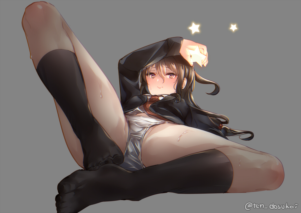 black_hair black_legwear blazer blush chromatic_aberration chromatic_aberration_abuse commentary_request crotch_seam eyebrows_visible_through_hair feet full_body grey_background hair_between_eyes hatsushimo_(kantai_collection) jacket juurouta kantai_collection kneehighs long_hair looking_at_viewer lying necktie no_pants on_back orange_eyes panties perspective pov_feet red_neckwear simple_background solo star sweat toenails toes twitter_username underwear white_panties