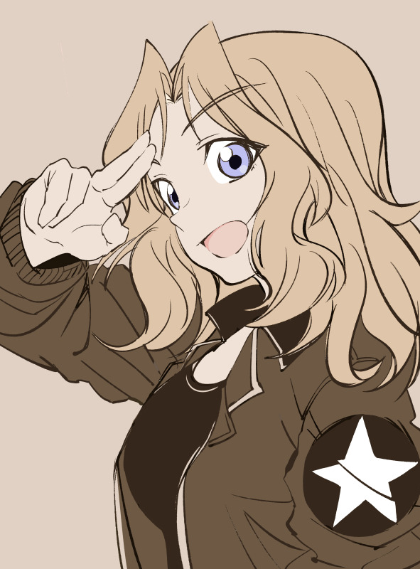 black_shirt blonde_hair blue_eyes brown_background brown_jacket commentary_request emblem eyebrows_visible_through_hair flat_color girls_und_panzer hair_intakes jacket kay_(girls_und_panzer) long_hair looking_at_viewer md5_mismatch military military_uniform mituki_(mitukiiro) open_mouth salute saunders_military_uniform shirt simple_background smile solo star two-finger_salute uniform upper_body