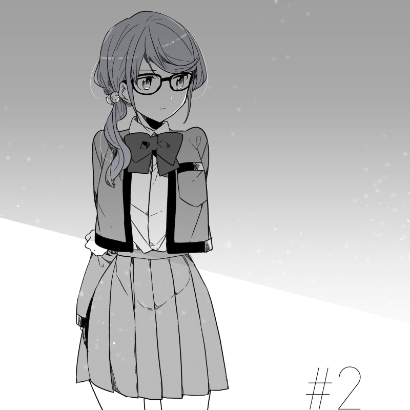 arm_behind_back arm_grab bangs bell bow collared_shirt cowboy_shot eyebrows_visible_through_hair glasses greyscale hair_bell hair_ornament hami_(lvct) hoshimi_junna jacket jingle_bell long_hair looking_away looking_to_the_side low_ponytail monochrome open_clothes open_jacket pleated_skirt ponytail school_uniform seishou_music_academy_uniform shirt shoujo_kageki_revue_starlight skirt solo