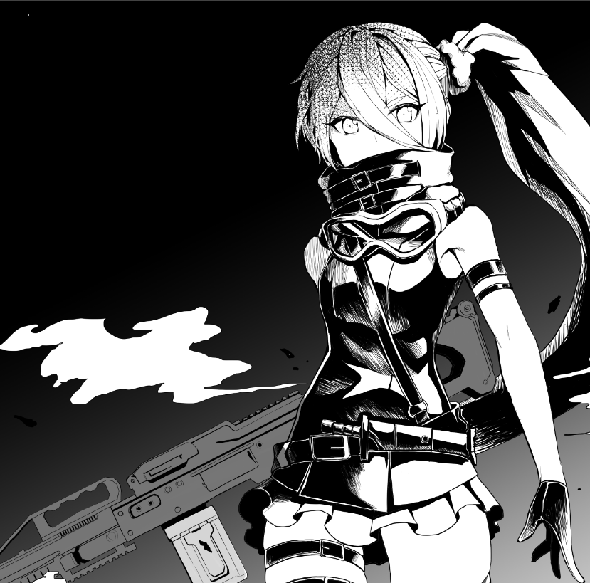 covered_mouth dress girls_frontline gloves goggles greyscale gun holding holding_weapon looking_at_viewer monochrome pkp_(girls_frontline) pkp_pecheneg short_dress side_ponytail solo teruru_(pixiv_6148103) thigh_gap thigh_strap thighs weapon