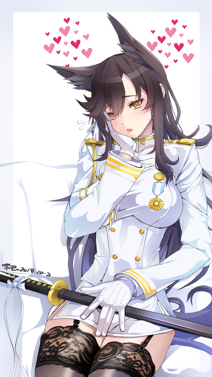 animal_ears atago_(azur_lane) azitama_atsushi_(attyuu) azur_lane bangs black_hair black_legwear blush breasts brown_eyes closed_mouth commentary_request dated double-breasted extra_ears eyebrows_visible_through_hair flying_heart flying_sweatdrops gloves hair_between_eyes hair_ribbon hand_on_own_cheek heart highres holding holding_sword holding_weapon jacket katana lace-trimmed_legwear large_breasts long_hair long_sleeves looking_at_viewer medal miniskirt mole mole_under_eye open_mouth pencil_skirt ribbon sheath sheathed sidelocks simple_background sitting skirt solo swept_bangs sword taut_jacket thighhighs uniform weapon white_background white_gloves white_jacket white_ribbon