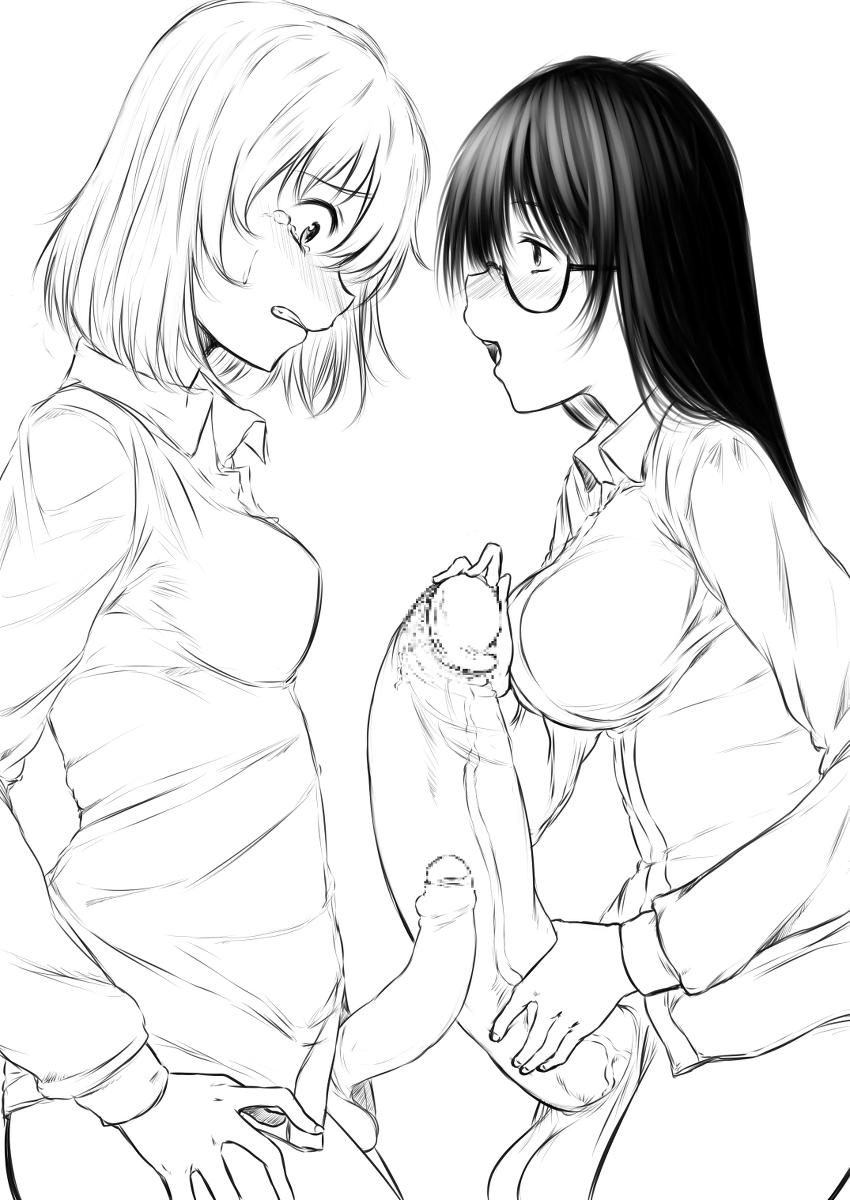 2girls artist_request futa_with_futa futanari glasses huge_penis large_penis monochrome multiple_girls multiple_penises penis penises_touching scared size_comparison small_penis_humiliation