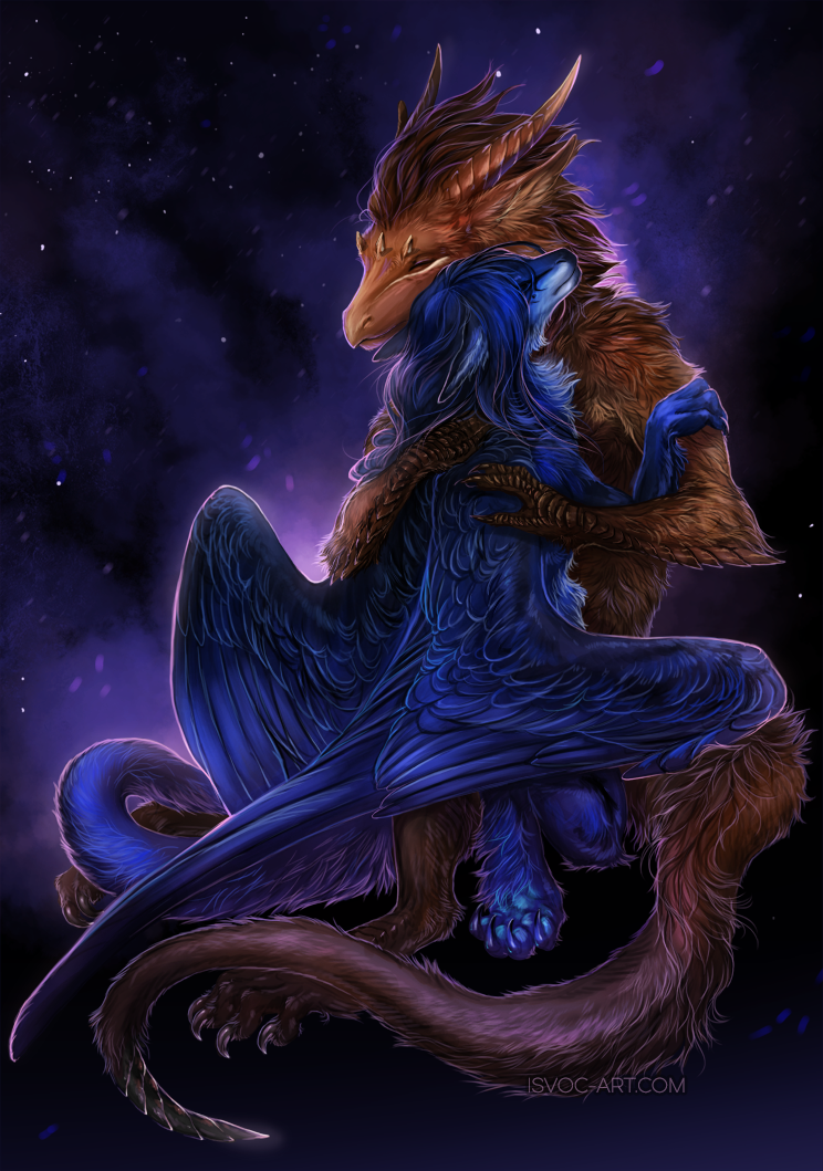 2018 anthro blue_feathers blue_fur brown_fur brown_hair digital_media_(artwork) dragon duo feathered_dragon feathered_wings feathers fur furred_dragon hair horn isvoc wings