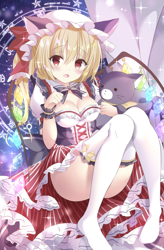 :o alternate_costume animal_ears bangs black_bow blonde_hair blush bow bow_legwear bowtie breasts cat_ears cat_girl cleavage commentary_request convenient_leg corset cross-laced_clothes crystal curtains detached_collar ears_through_headwear eyebrows_visible_through_hair fang flandre_scarlet frilled_legwear frilled_skirt frills glowing hat hat_ribbon kemonomimi_mode knees_together_feet_apart knees_up long_hair looking_at_viewer magic_circle medium_breasts mob_cap no_shoes open_mouth paw_pose pigeon-toed pinstripe_pattern puffy_short_sleeves puffy_sleeves red_eyes red_ribbon red_skirt ribbon short_sleeves side_ponytail sitting skirt solo sparkle striped stuffed_animal stuffed_cat stuffed_toy tenshi_china thighhighs thighs touhou vertical-striped_skirt vertical_stripes white_legwear wings wrist_cuffs yellow_bow