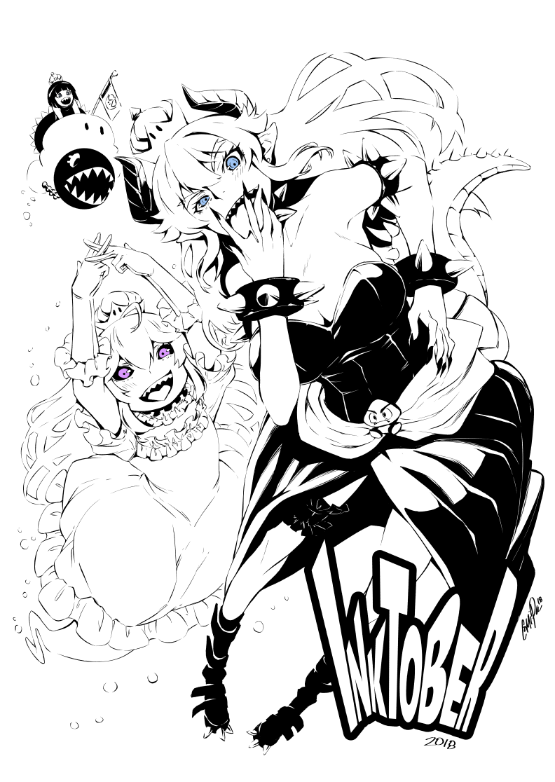 ahoge bare_shoulders black_sclera blue_eyes boots bowsette bracelet breasts chain_chomp cleavage cloud collar cunnilingus_gesture dress fingernails flat_chest frilled_dress frills ghost_tail hand_on_hip horns inktober jewelry knee_boots luigi's_mansion mario_(series) monochrome multiple_girls naughty_face new_super_mario_bros._u_deluxe open_mouth paolo_antonio_aguasin pigeon-toed pointy_ears princess_chain_chomp princess_king_boo sharp_fingernails sharp_teeth spiked_armlet spiked_bracelet spiked_collar spiked_tail spikes spot_color strapless strapless_dress super_crown tail teeth tongue tongue_out tribadism_gesture
