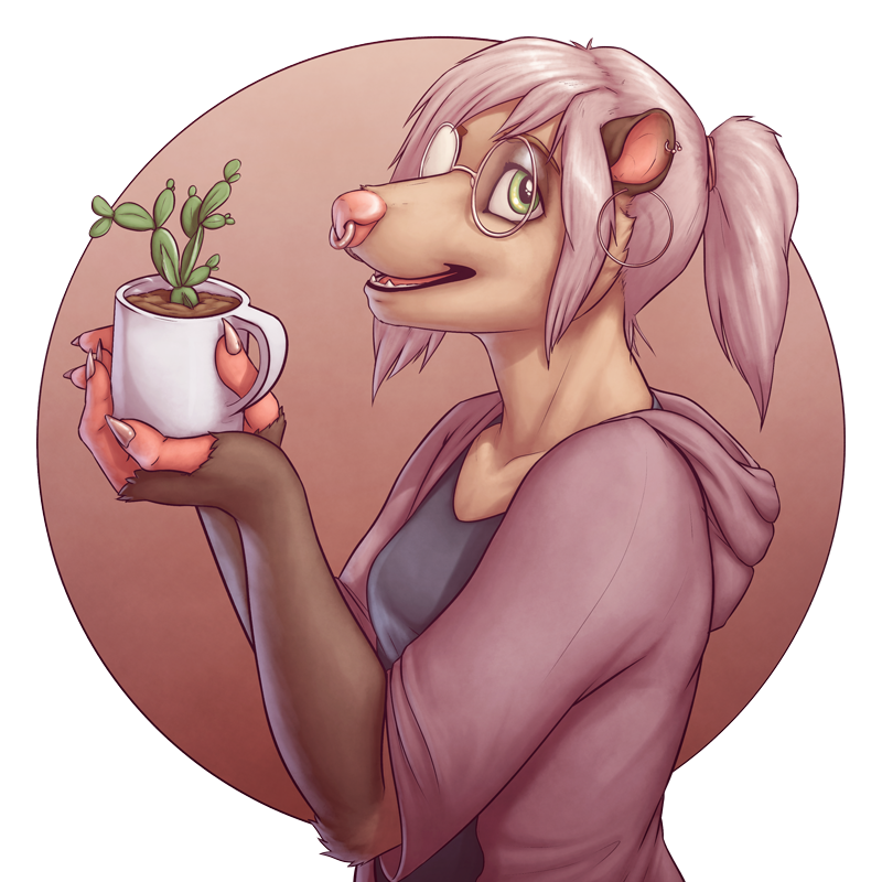 2018 alpha_channel anthro breasts brown_eyes cactus clothed clothing coffee_mug colored_nails cup cute digital_media_(artwork) dirt ear_piercing eyewear facial_piercing female glasses glo glopossum hair holding_cup holding_object lavender_hair looking_at_viewer mammal marsupial nails nose_piercing nose_ring open_mouth opossum piercing plant ponytail portrait shawl shirt simple_background smile solo teeth transparent_background