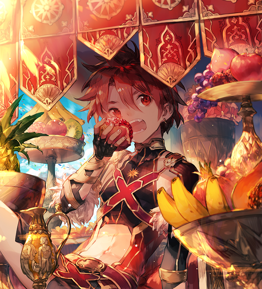 alexander_(fate/grand_order) apple arm_guards arm_support asymmetrical_bangs banana bangs basket belt black_gloves bouquet collarbone commentary day earrings eating fate/grand_order fate_(series) fingerless_gloves flower food fruit fur_trim gloves grapes hair_between_eyes holding holding_food jewelry kiwifruit knee_up leaning_back looking_away looking_to_the_side male_focus messy_hair navel navel_cutout open_mouth outdoors peach pineapple pomegranate red_eyes red_flower red_hair scorpion5050 sitting solo sunlight teeth
