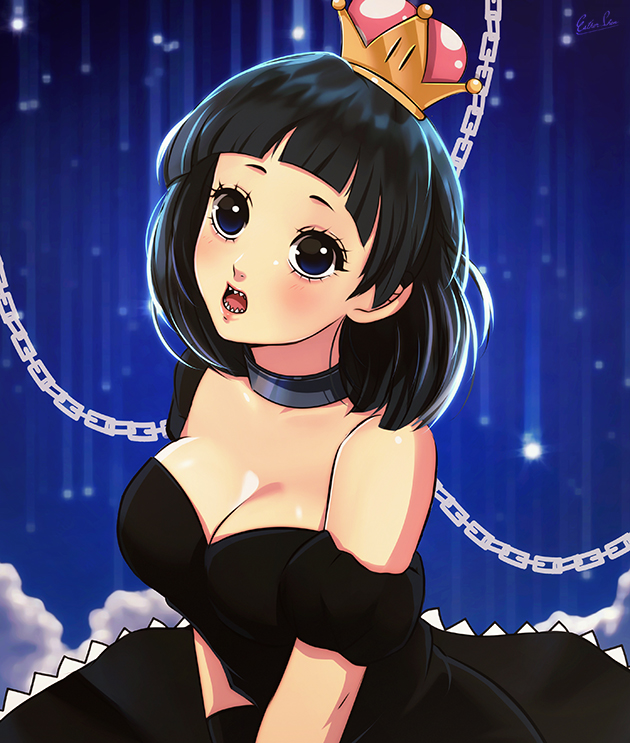 bangs black_dress black_eyes black_gloves black_hair blunt_bangs breasts chain cleavage collar commentary crown detached_sleeves dress english_commentary esther gloves looking_at_viewer mario_(series) medium_breasts medium_hair new_super_mario_bros._u_deluxe nose open_mouth princess_chain_chomp revision sharp_teeth solo strapless strapless_dress super_crown teeth