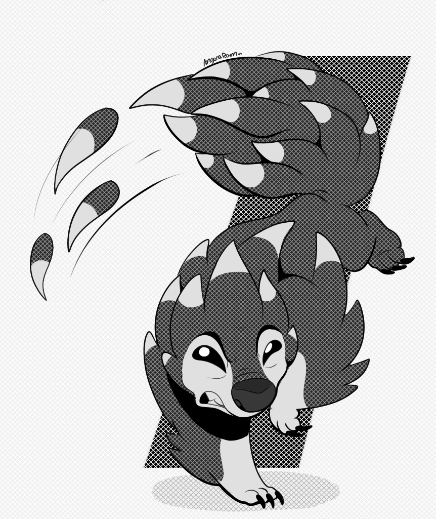 2018 alien angoraram angry attack claws digital_drawing_(artwork) digital_media_(artwork) disney experiment_(species) grey_background greyscale lilo_and_stitch monochrome quills screentone signature simple_background spike_(lilo_&amp;_stitch)