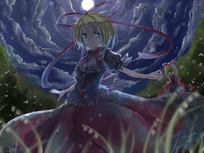 :o blonde_hair blue_eyes bubble_skirt bush capelet cloud commentary_request flower frilled_skirt frills huge_bow lily_of_the_valley long_sleeves medicine_melancholy moon multiple_girls nameless_hill night night_sky o_o phantasmagoria_of_flower_view puffy_short_sleeves puffy_sleeves ribbon shaded_face short_sleeves size_difference skirt sky smile straw_like su-san touhou white_eyes white_ribbon