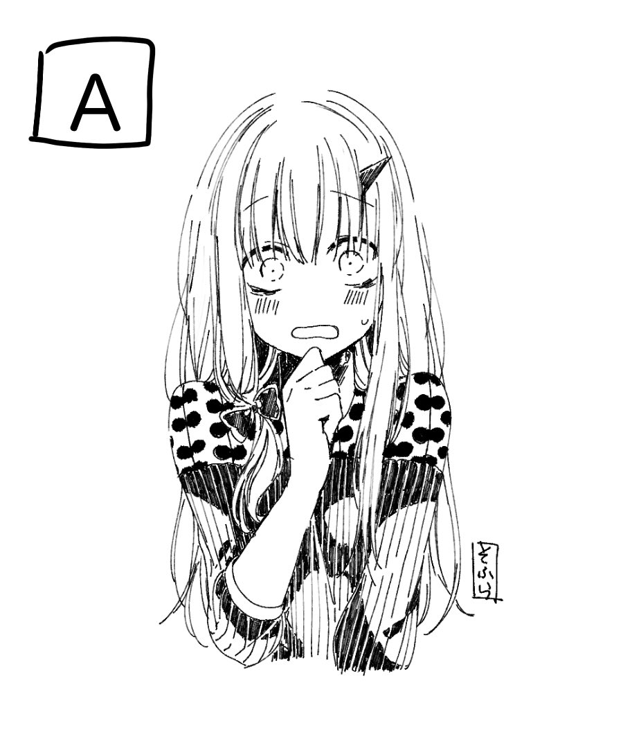 bangs blush commentary_request cropped_torso dress eyebrows_visible_through_hair fate/grand_order fate_(series) greyscale hair_between_eyes hand_up horn lavinia_whateley_(fate/grand_order) long_sleeves looking_at_viewer monochrome open_mouth signature simple_background sofra solo sweat white_background
