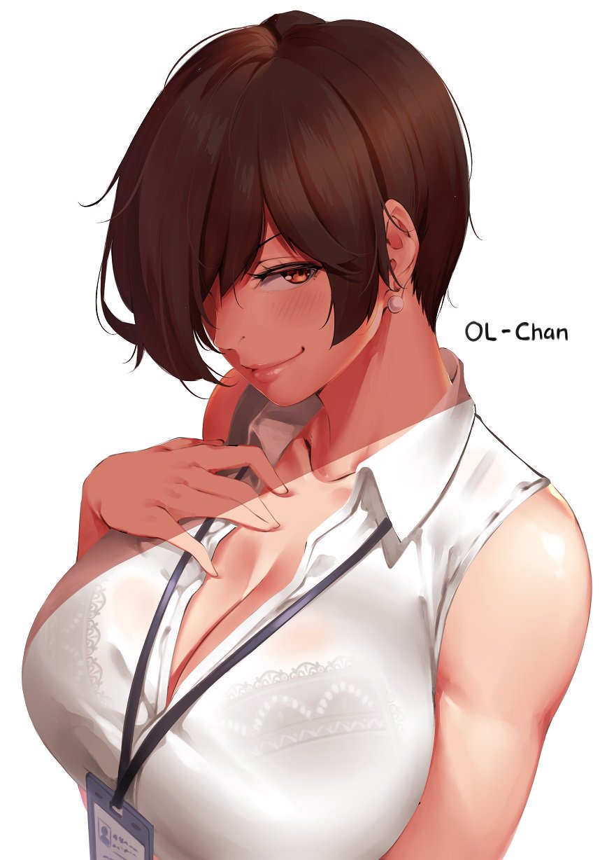 badge bangs bare_shoulders blush bra breasts brown_eyes brown_hair cleavage closed_mouth collarbone collared_shirt commentary dress_shirt earrings english_commentary formal hair_over_one_eye hand_on_own_chest highres id_card jewelry lace lace_bra lanyard large_breasts looking_at_viewer lulu-chan92 name_tag office_lady ol-chan_(norman_maggot) original pink_lips pixie_cut see-through shirt short_hair sleeveless sleeveless_shirt smile solo underwear white_background white_shirt