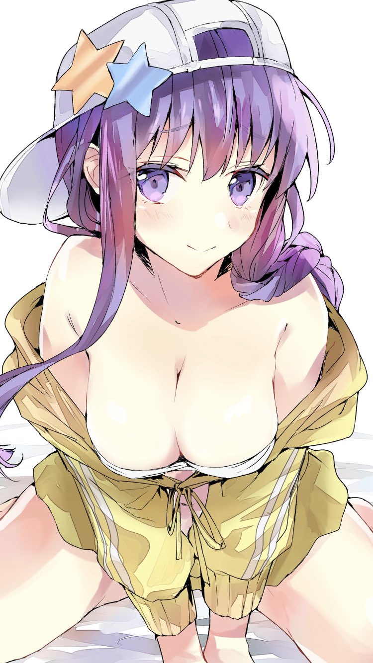 1girl backwards_hat bangs bare_shoulders baseball_cap bb_(fate)_(all) bb_(swimsuit_mooncancer)_(fate) bed_sheet bikini_top blush braid breasts cleavage closed_mouth commentary_request eyebrows_visible_through_hair fate/grand_order fate_(series) hair_between_eyes hat highres hood hood_down hooded_jacket jacket large_breasts leaning_forward long_hair off_shoulder purple_eyes purple_hair single_braid sitting smile solo star tomozero wariza white_background white_bikini_top white_hat yellow_jacket