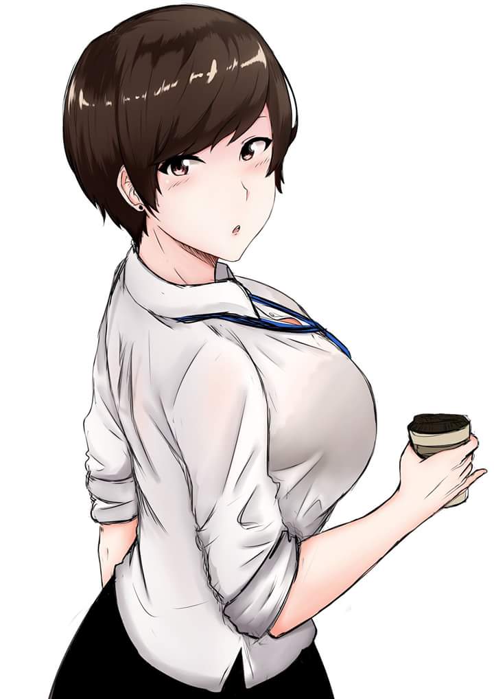 :o badge bangs blush breasts brown_eyes brown_hair coffee_cup collared_shirt cup deroo disposable_cup dress_shirt earrings formal holding holding_cup id_card jewelry lanyard large_breasts looking_to_the_side miniskirt name_tag office_lady ol-chan_(norman_maggot) original parted_lips pencil_skirt pixie_cut shirt short_hair skirt sleeves_rolled_up swept_bangs white_shirt