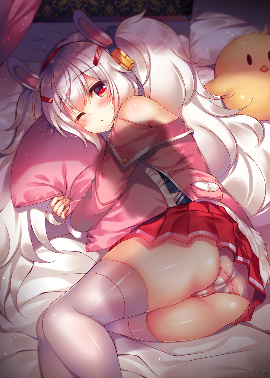 animal_ears ass azur_lane bangs bare_shoulders blush breasts bunny_ears commentary_request eyebrows_visible_through_hair hair_between_eyes hair_ornament hairband highres jacket laffey_(azur_lane) long_hair long_sleeves looking_at_viewer lying off_shoulder on_bed on_side one_eye_closed open_clothes open_jacket open_mouth panties parted_lips pillow pillow_hug pink_jacket pleated_skirt pov red_eyes red_hairband red_skirt shiny shiny_skin silver_hair skirt solo striped striped_panties stuffed_animal stuffed_toy suzune_rena thighhighs thighs twintails underwear very_long_hair white_legwear