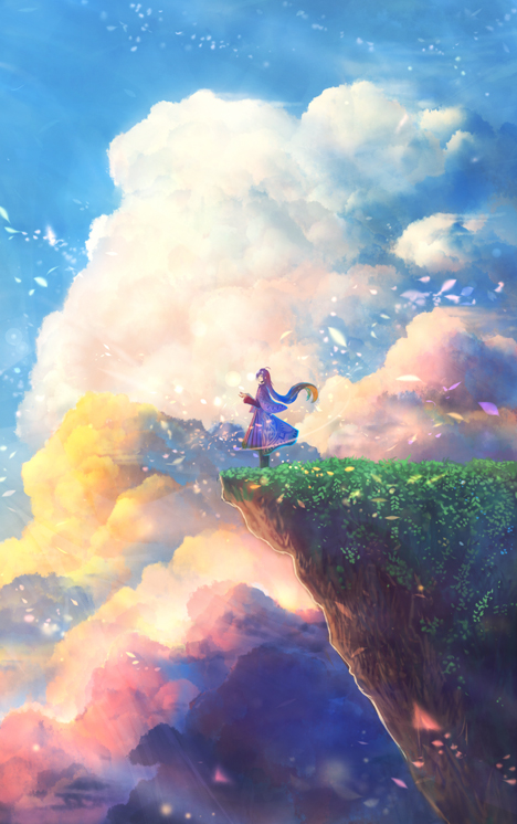 1girl ahoge blue_sky capelet cliff cloud commentary_request day floating_hair from_side grass long_hair long_sleeves original outdoors petals sakimori_(hououbds) skirt sky solo standing very_long_hair yuuyake_koyake