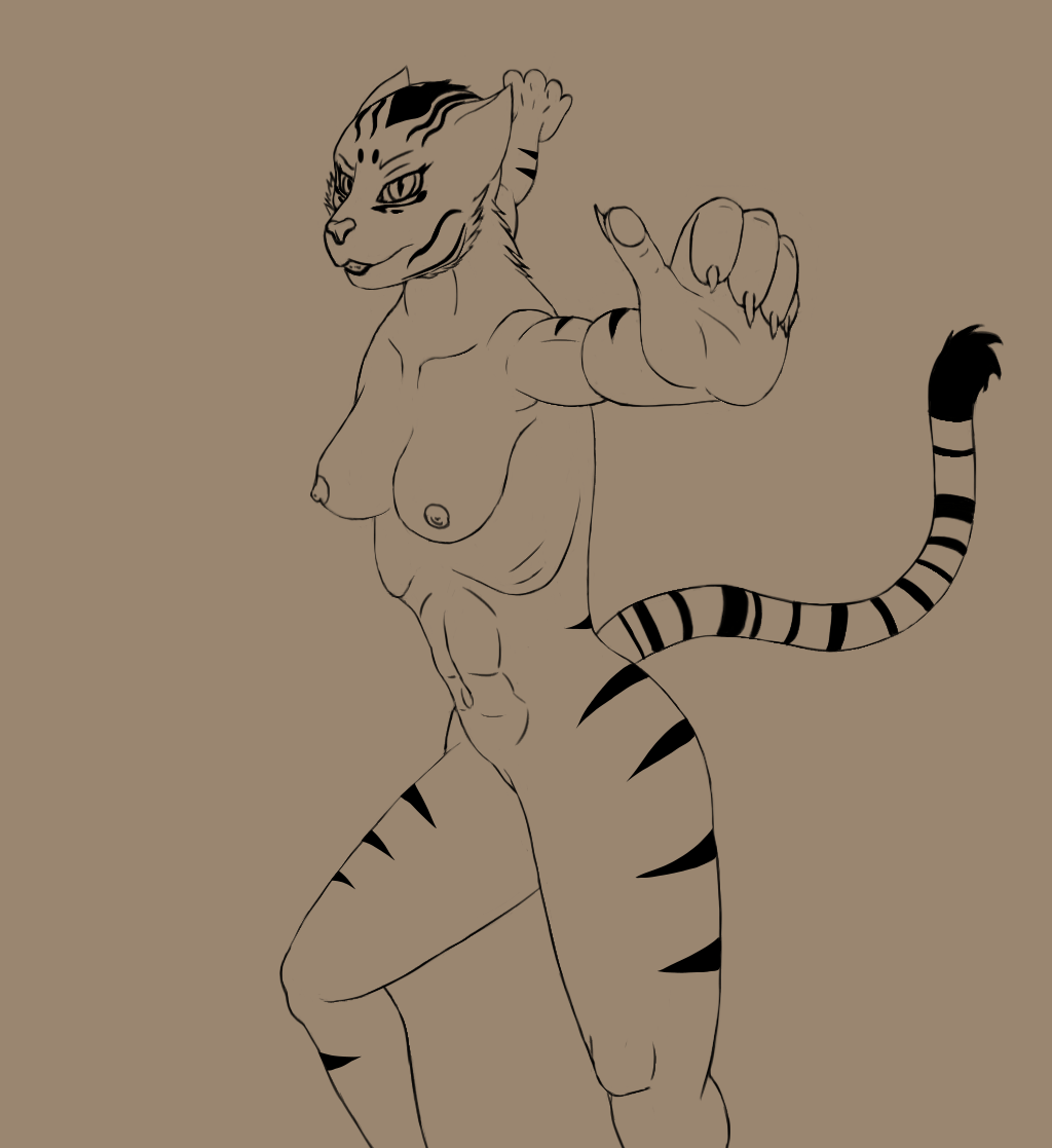 action_pose breasts feline female harkrun kung_fu_panda mammal master_tigress nipples nude pose solo tiger