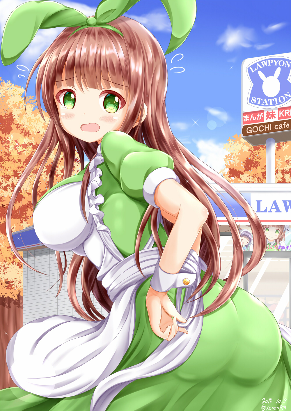 apron ass autumn_leaves bangs blend_s blue_sky blush brand_name_imitation breasts brown_hair building cloud commentary_request company_connection convenience_store dated day dress eyebrows_visible_through_hair flying_sweatdrops gochuumon_wa_usagi_desu_ka? green_dress green_eyes green_ribbon hair_ribbon highres impossible_clothes impossible_dress large_breasts lawson long_hair looking_at_viewer looking_to_the_side maid_apron manga_time_kirara open_mouth outdoors puffy_short_sleeves puffy_sleeves ribbon sakuranomiya_maika shop short_sleeves sky solo standing tree twitter_username ujimatsu_chiya very_long_hair white_apron zenon_(for_achieve)