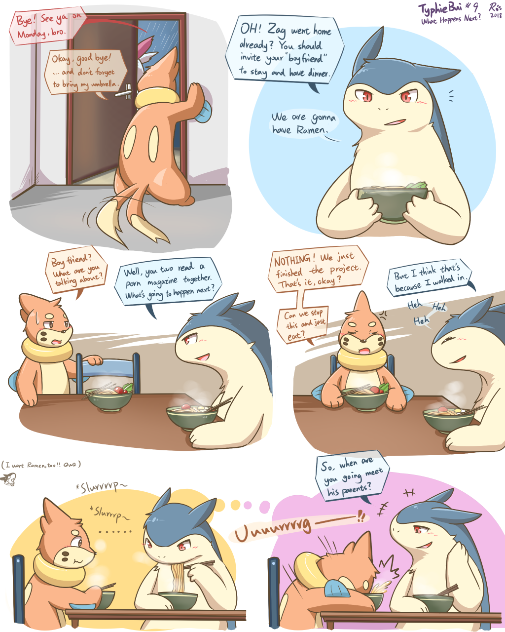 ambiguous_gender anthro buizel comic cute english_text humor nintendo pok&eacute;mon pok&eacute;mon_(species) risenpaw speech_bubble text typhlosion video_games zangoose