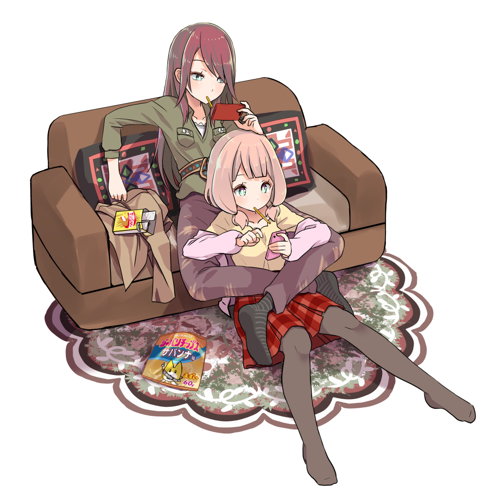 bang_dream! bangs belt black_legwear blush box breast_pocket brown_hair brown_jacket brown_legwear brown_pants cellphone closed_mouth collarbone commentary_request couch cushion food food_in_mouth green_eyes green_shirt hair_tie holding holding_phone jacket jacket_removed leg_wrap light_brown_hair long_hair long_sleeves low_twintails mouth_hold multiple_girls no_shoes on_couch pants pantyhose phone pink_cardigan pink_hair plaid plaid_skirt pleated_skirt pocket pocky red_hair red_skirt rug shipii_(jigglypuff) shirt short_over_long_sleeves short_sleeves simple_background sitting sitting_on_floor skirt smartphone snack socks soles twintails udagawa_tomoe uehara_himari very_long_hair white_background wrapper yellow_shirt