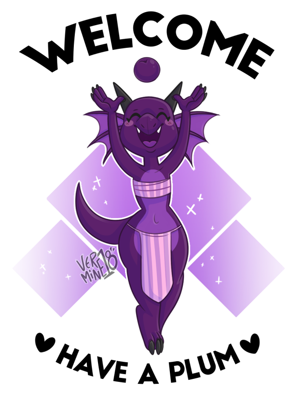 anthro chest_wraps claws clothed clothing eyelashes eyes_closed female fin flat_chested food fruit girly horn kobold loincloth male navel plum_(fruit) plūm_rhazin purple_scales reptile scales scalie short_stack smile solo sparkles teeth tongue vermine wide_hips wraps