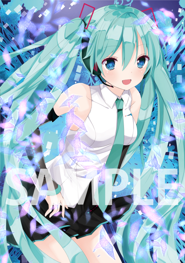 :d aqua_hair bangs bare_shoulders black_skirt blue_eyes blush breasts collared_shirt detached_sleeves eyebrows_visible_through_hair green_neckwear hair_between_eyes hair_ornament hatsune_miku headset long_hair long_sleeves looking_at_viewer medium_breasts nanase_nao necktie open_mouth pleated_skirt sample shirt skirt sleeveless sleeveless_shirt smile solo twintails very_long_hair vocaloid white_shirt