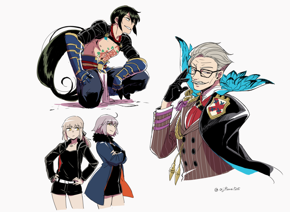 2boys 2girls artoria_pendragon_(all) asaya_minoru bangs belt black-framed_eyewear black_camisole black_cape black_dress black_gloves black_hair black_jacket black_shorts blue_cape blue_jacket blue_pants brown_eyes brown_jacket camisole cape chest_tattoo closed_mouth commentary_request cropped_legs cropped_torso crossed_arms dress eyebrows_visible_through_hair facial_hair fate/grand_order fate/stay_night fate_(series) flower_tattoo fur-trimmed_jacket fur-trimmed_sleeves fur_trim gauntlets glasses gloves grey_background grey_hair hair_between_eyes hand_up hands_on_hips jacket james_moriarty_(fate/grand_order) jeanne_d'arc_(alter)_(fate) jeanne_d'arc_(fate)_(all) light_brown_hair long_hair long_sleeves looking_at_another looking_at_viewer looking_away looking_to_the_side low_ponytail multicolored multicolored_cape multicolored_clothes multiple_boys multiple_girls mustache open_clothes open_jacket pants parted_lips ponytail saber_alter shirtless short_dress short_shorts shorts striped tattoo twitter_username vertical-striped_jacket vertical_stripes very_long_hair white_belt wicked_dragon_witch_ver._shinjuku_1999 yan_qing_(fate/grand_order) yellow_eyes
