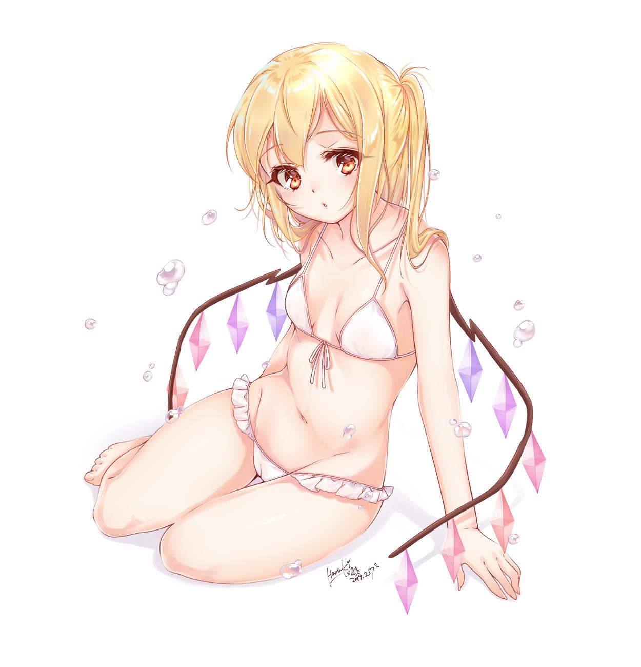 1girl arm_support artist_name bangs bare_legs bare_shoulders barefoot bikini blonde_hair blush breasts cameltoe collarbone commentary_request crystal dated eyebrows_visible_through_hair flandre_scarlet front-tie_bikini front-tie_top groin haruki_(colorful_macaron) highres long_hair looking_at_viewer navel no_hat no_headwear one_side_up parted_lips red_eyes shadow signature simple_background sitting small_breasts solo stomach swimsuit thighs touhou water_drop white_background white_bikini wings
