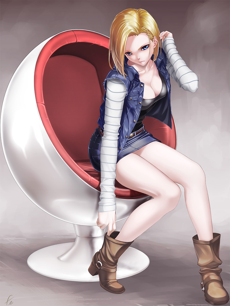 adjusting_footwear adjusting_hair android_18 belt blonde_hair blue_eyes boots breasts brown_footwear collarbone denim denim_skirt denim_vest dragon_ball dragon_ball_z egg_chair fenrir_(fenlil0316) jacket looking_at_viewer miniskirt no_legwear short_hair sitting skirt solo