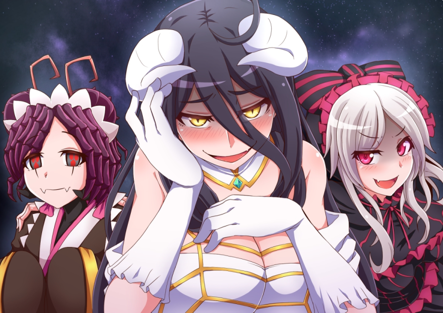 3girls albedo antennae black_dress black_hair breasts cleavage commentary_request demon_girl double_bun dress entoma_vasilissa_zeta eyebrows_visible_through_hair fangs frilled_dress frills hand_on_own_face happy horns ikue_fuuji insect_girl large_breasts lolita_fashion long_hair looking_at_viewer maid maid_headdress monster_girl multiple_girls overlord_(maruyama) red_eyes shalltear_bloodfallen silver_hair slit_pupils smile succubus vampire white_horns yellow_eyes