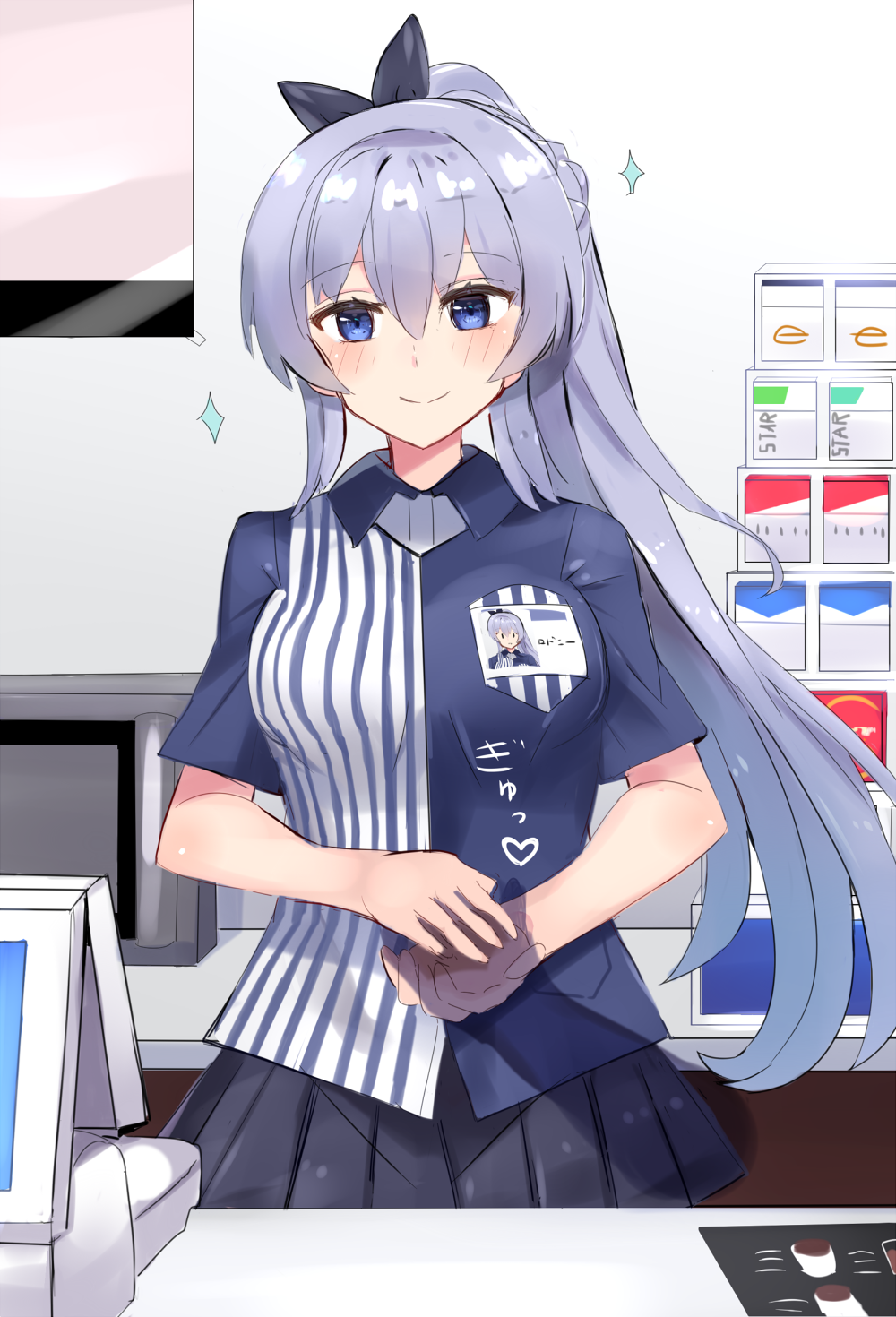 1girl alternate_costume azur_lane barcode_scanner blue_eyes blue_shirt blush braid breasts cash_register cigarette_box collared_shirt commentary_request convenience_store employee_uniform french_braid highres holding_hand id_card large_breasts lavender_hair lawson long_hair microwave name_tag pleated_skirt purple_eyes rodney_(azur_lane) shirt shop short_sleeves side_ponytail skirt smile sparkle striped striped_shirt uniform vertical-striped_shirt vertical_stripes very_long_hair xenonstriker