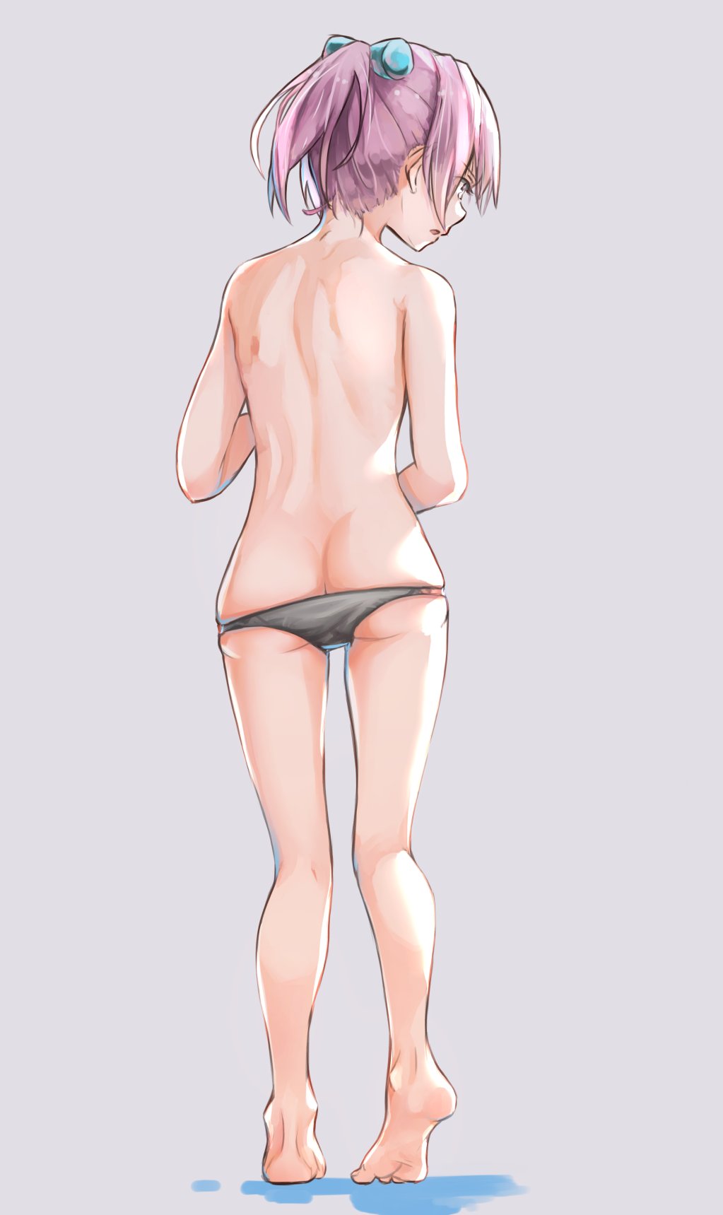 1girl ass butt_crack character_request commentary copyright_request full_body grey_background grey_panties highres kabayaki_namazu nude panties profile purple_hair short_hair simple_background solo standing underwear underwear_only