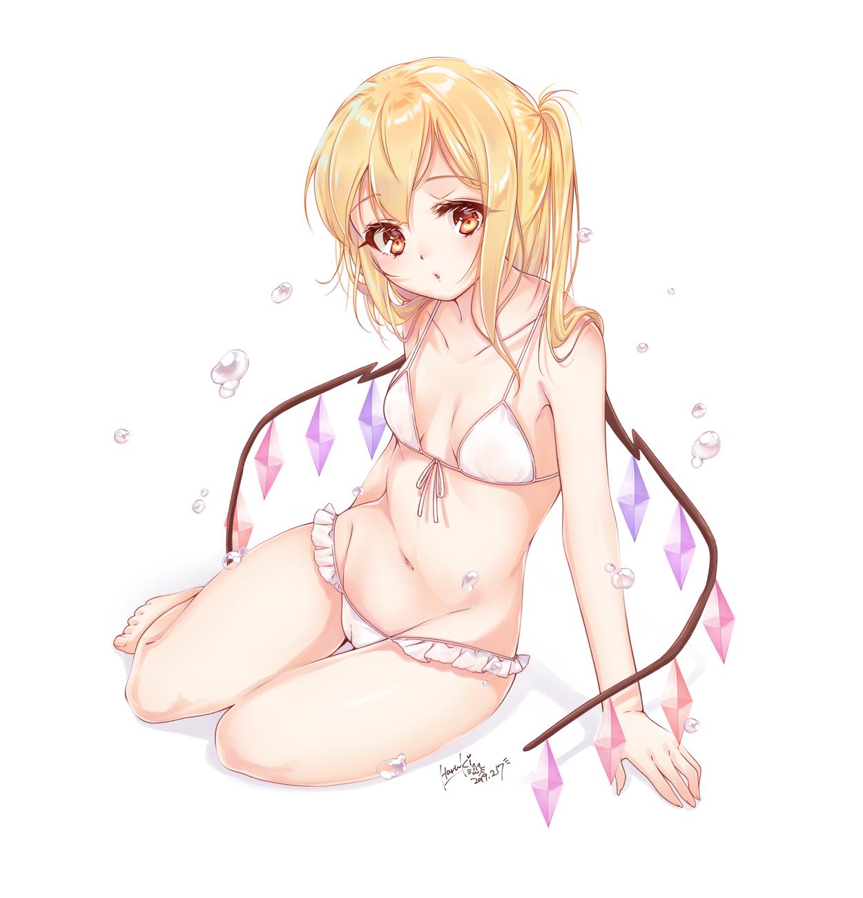 1girl arm_support artist_name bangs bare_legs bare_shoulders barefoot bikini blonde_hair blush breasts cameltoe collarbone commentary_request crystal dated eyebrows_visible_through_hair flandre_scarlet front-tie_bikini front-tie_top groin haruki_(colorful_macaron) highres long_hair looking_at_viewer navel no_hat no_headwear one_side_up parted_lips red_eyes revision shadow signature simple_background sitting small_breasts solo stomach swimsuit thighs touhou water_drop white_background white_bikini wings