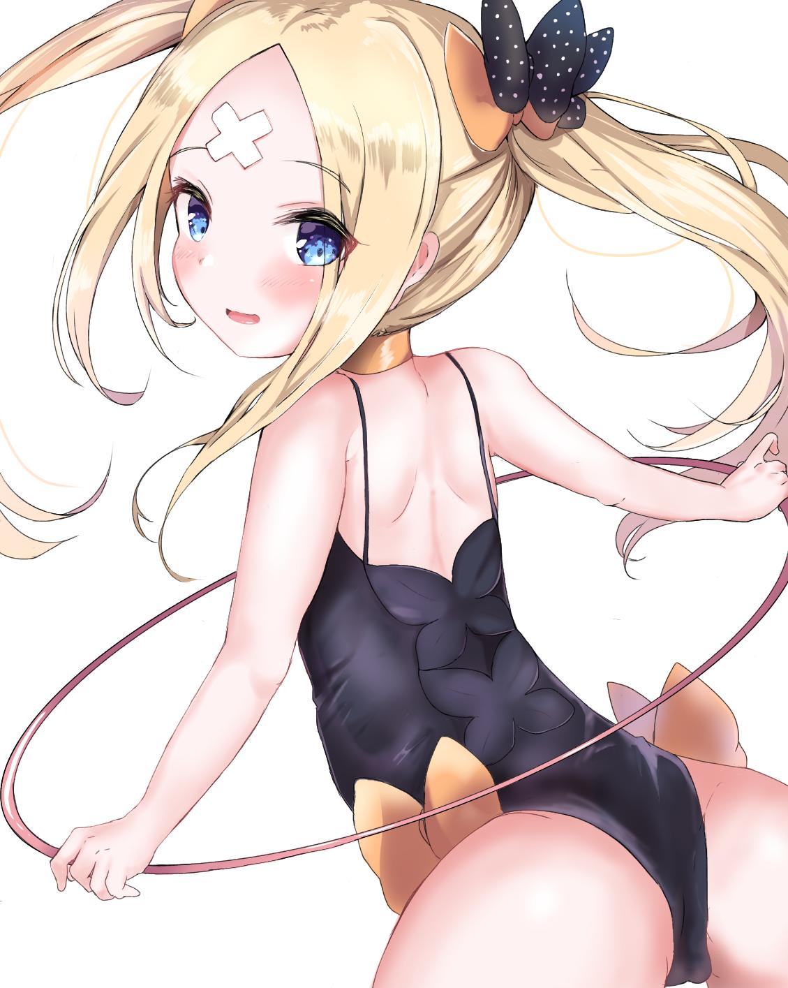 1girl abigail_williams_(fate/grand_order) alternate_hairstyle ass back bandaid_on_forehead bangs bare_shoulders black_bow black_leotard blonde_hair blue_eyes blush bow choker crossed_bandaids fate/grand_order fate_(series) forehead hair_bow highres hoop hula_hoop leotard long_hair looking_at_viewer looking_back open_mouth orange_bow parted_bangs polka_dot polka_dot_bow simple_background smile solo twintails white_background yinpa_(wanone500511)
