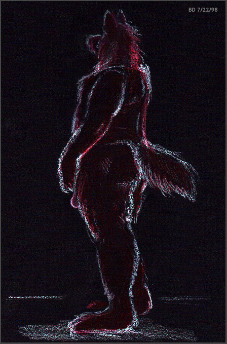 1998 anthro bd black_background border butt canine casual_nudity colored_pencil_(artwork) dark fur grey_border humanoid_penis looking_away male mammal nude pastel_(artwork) penis simple_background slightly_chubby solo standing traditional_media_(artwork)