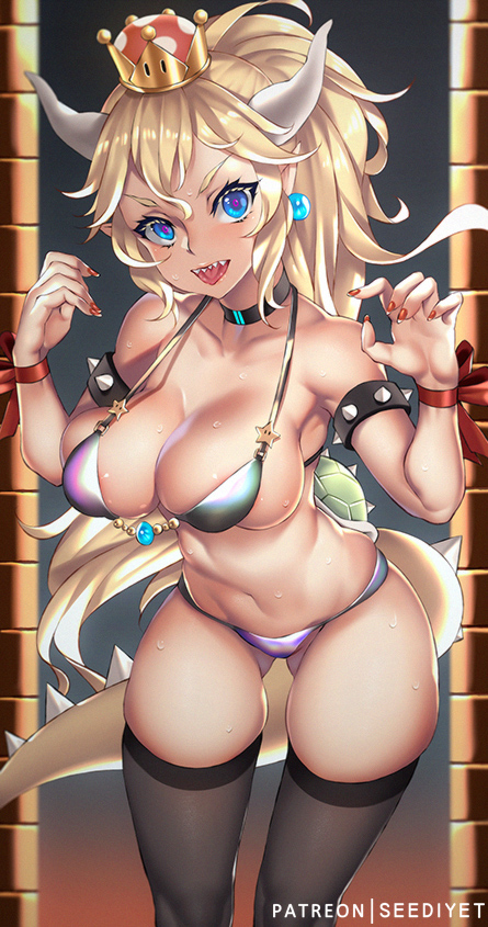 areola_slip areolae ass_visible_through_thighs banned_artist bare_shoulders bikini black_legwear blue_eyes blush bowsette bracelet breasts cleavage crown earrings horns jewelry long_hair mario_(series) nail_polish navel pointy_ears red_nails ribbon sharp_teeth smile solo spiked_bracelet spikes super_crown super_mario_bros. sweat swimsuit tail teeth tongue tongue_out turtle_shell viola_(seed)
