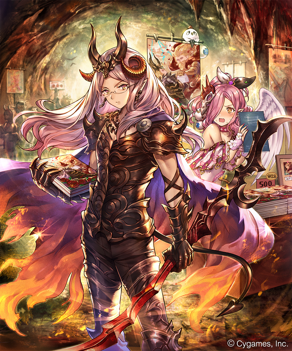 angel_wings armor bare_shoulders black_gloves bow brown_eyes cape cave character_request choker comic covered_navel earrings eyeball_hair_ornament glasses gloves hades_(granblue_fantasy) hair_bow highres holding holding_sword holding_weapon horns indoors jewelry kurata_rine long_hair looking_at_viewer madogawa manga_(object) mask mask_on_head nail_polish official_art painting pink_choker pink_hair pink_nails pointy_ears shingeki_no_bahamut sword tail weapon wings