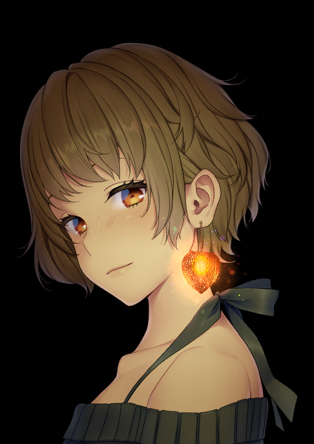 bad_id bad_pixiv_id bangs bare_shoulders black_background brown_eyes brown_hair chinese_lantern_(plant) closed_mouth collarbone commentary_request daidai_jamu earrings eyebrows_visible_through_hair freckles green_sweater heart heart_earrings highres jewelry light_smile looking_at_viewer looking_to_the_side off-shoulder_sweater original revision short_hair simple_background solo sweater upper_body
