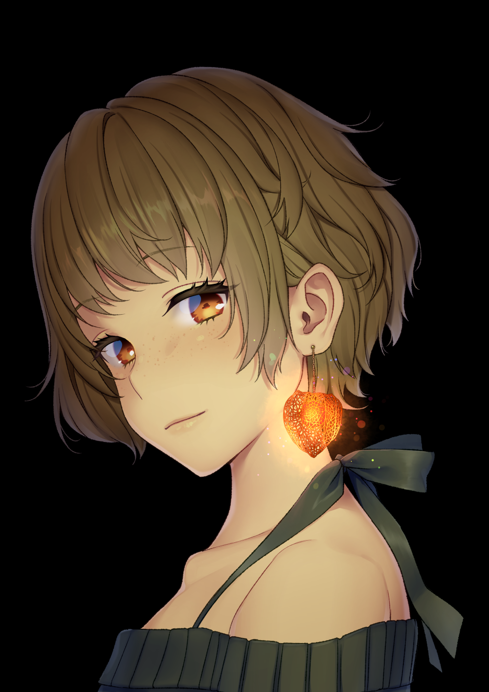 bad_id bad_pixiv_id bangs bare_shoulders black_background brown_eyes brown_hair chinese_lantern_(plant) closed_mouth collarbone daidai_jamu earrings eyebrows_visible_through_hair freckles green_sweater heart heart_earrings highres jewelry light_smile looking_at_viewer looking_to_the_side off-shoulder_sweater original short_hair simple_background solo sweater upper_body