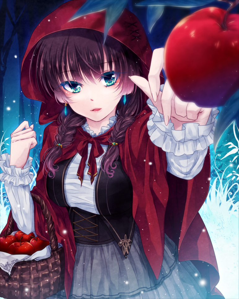 :d apple aqua_eyes basket braid brown_hair cloak commentary_request earrings food frilled_sleeves frills fruit hood hood_up jewelry little_red_riding_hood little_red_riding_hood_(grimm) long_sleeves mokoppe open_mouth original shirt skirt smile twin_braids