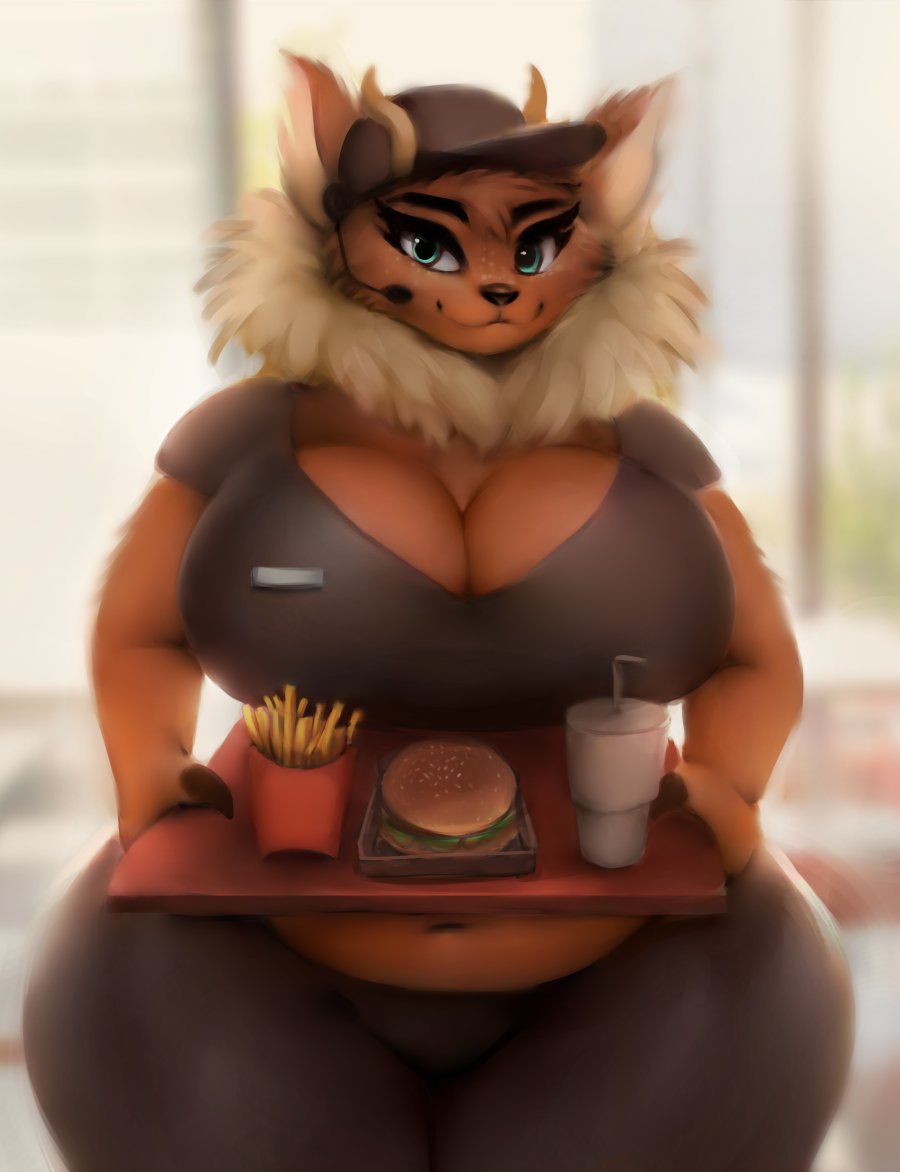 antelope anthro belly beverage big_breasts bongo_(antelope) bovid bovine breasts brown_body brown_fur burger chubby_female cinnamon_(wackywalrus270) cleavage clothed clothing female food fries fur green_eyes hat headgear headwear horn ikiki inside mammal microphone name_tag navel neck_tuft smile soda solo spiral-horned_antelope tray tuft wide_hips