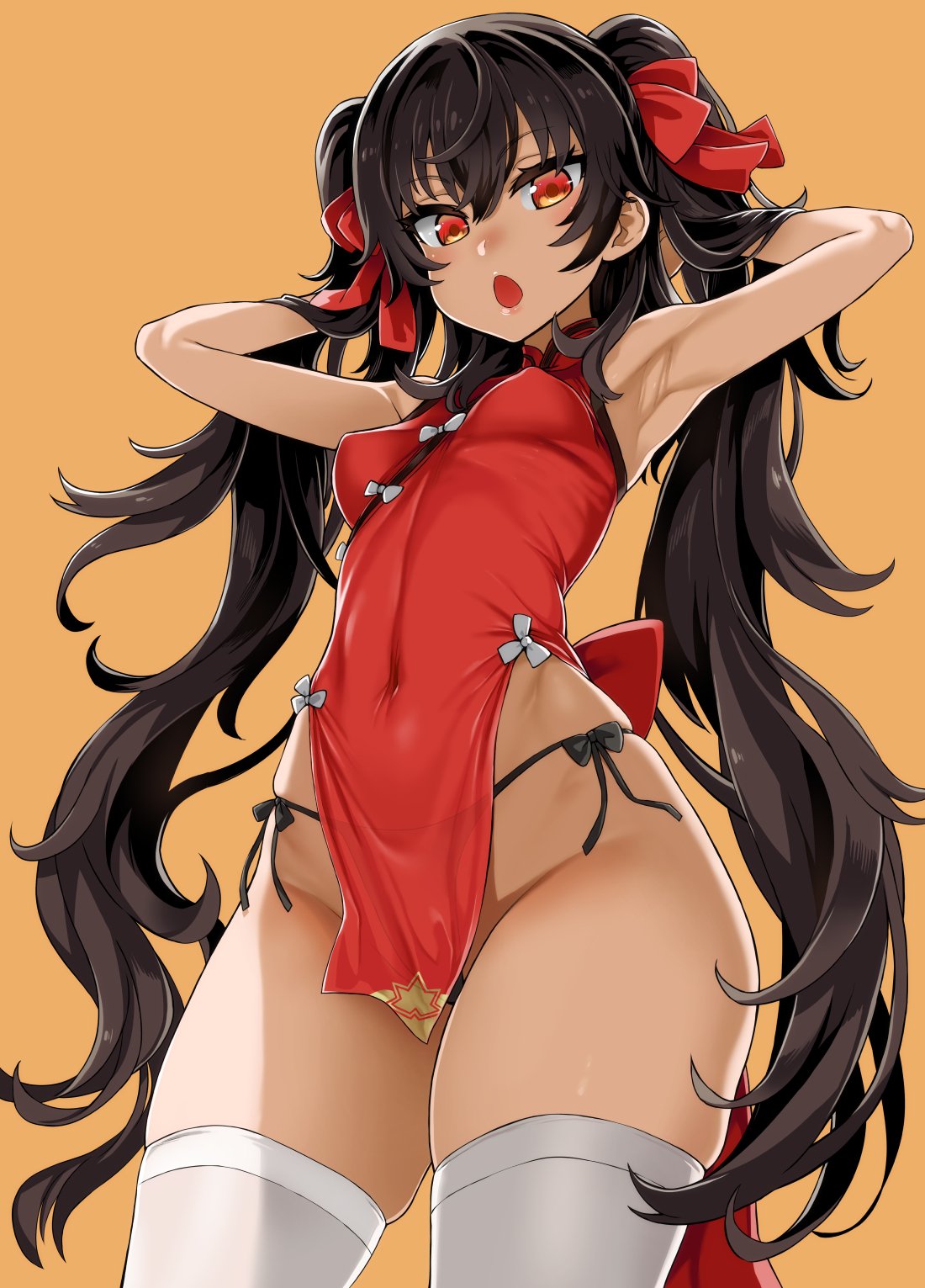 armpits arms_up asanagi bangs black_hair black_panties blush breasts china_dress chinese_clothes commentary_request covered_navel covered_nipples cowboy_shot double_bun dress eyebrows_visible_through_hair girls_frontline groin hair_between_eyes hair_ribbon highleg highleg_panties highres long_hair looking_at_viewer medium_breasts open_mouth orange_background panties qbz-97_(girls_frontline) red_dress red_eyes red_ribbon ribbon side-tie_panties simple_background skindentation smile solo thighhighs thighs twintails underwear very_long_hair white_legwear