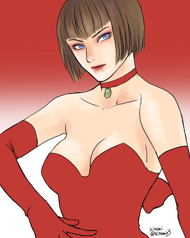 1girl anna_williams bare_shoulders blue_eyes breasts brown_hair cleavage dress medium_breasts red_dress short_hair solo tagme tekken upper_body