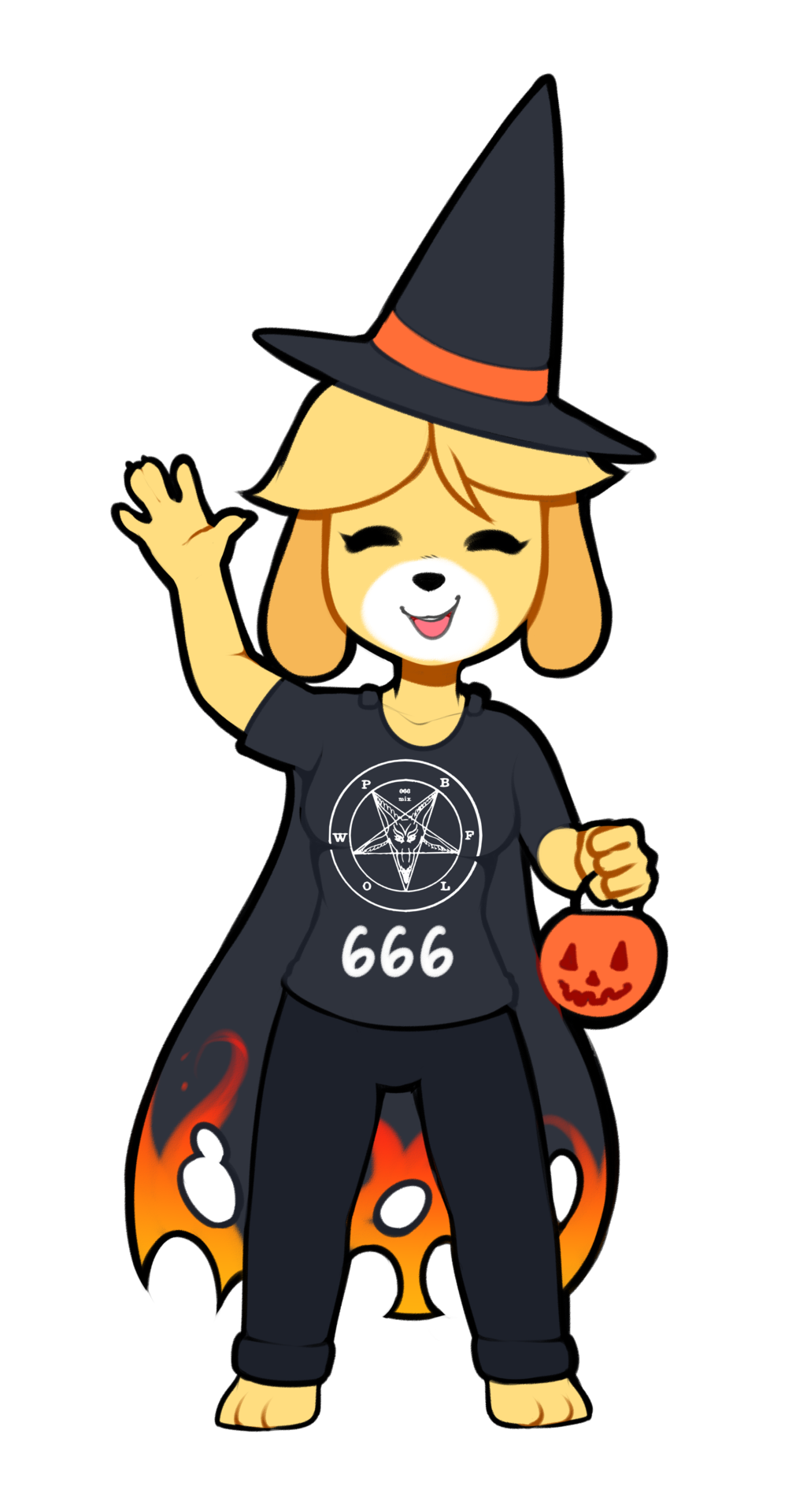 666 alpha_channel animal_crossing breasts canine cape clothing costume cute dog eyes_closed female floppy_ears fur grey_clothing halloween happy hat holding_(disambiguation) holidays isabelle_(animal_crossing) jack-o'-lantern jack-o-lantern mammal marblesoda nintendo pentagram satanic simple_background smile transparent_background video_games wave witch_hat yellow_fur