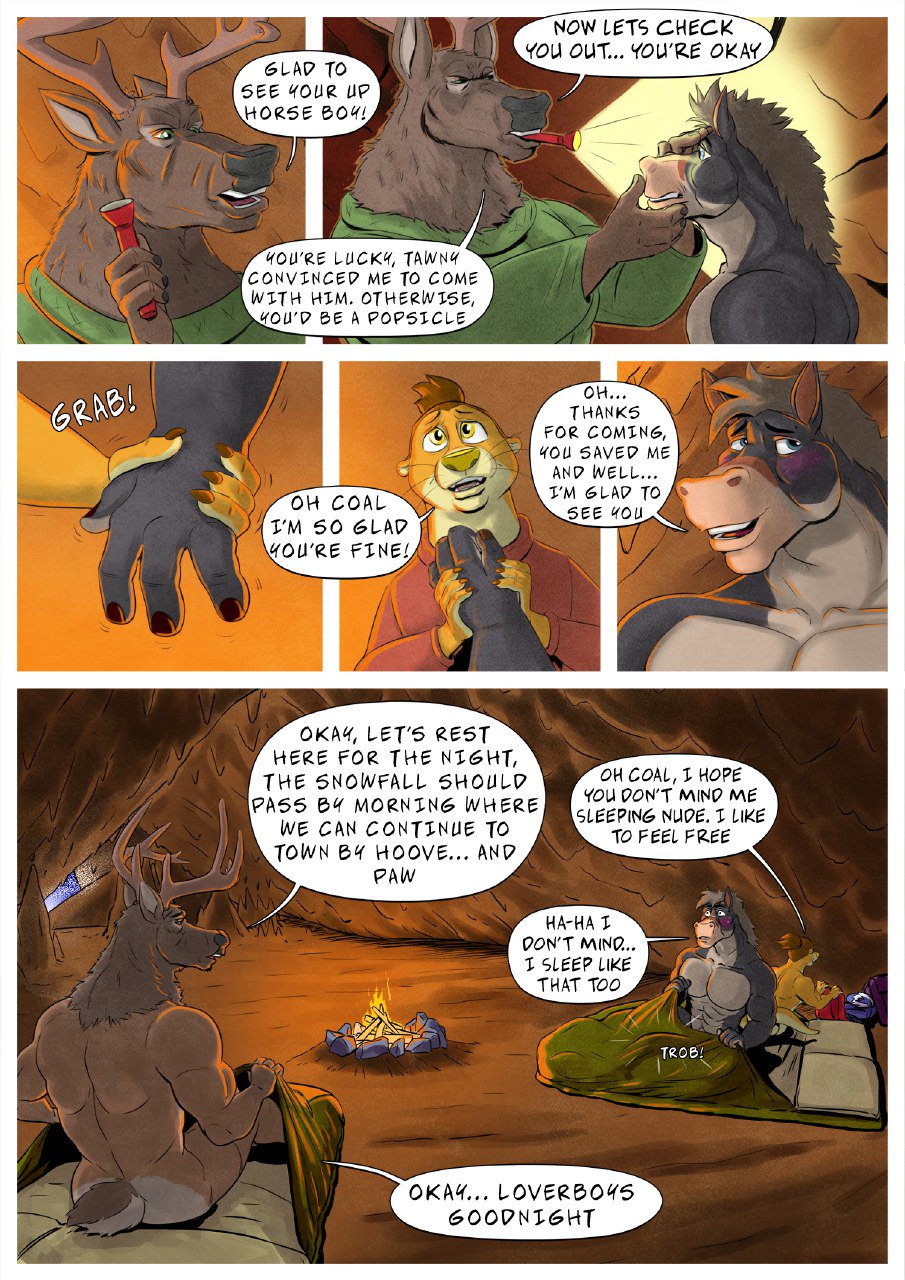 2019 4_fingers anthro bulge butt campfire cave cervid coal_(tawny_otter) embarrassed equine flashlight hand_holding horse male male/male mammal muscular muscular_male mustelid nude otter tawny_otter tawny_otter_(character)