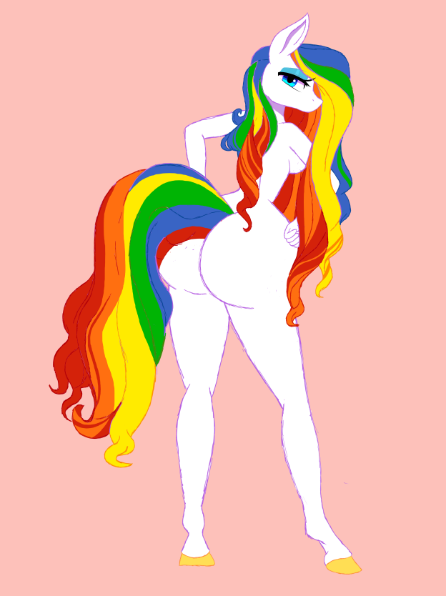 anthro anthrofied big_butt blue_eyes butt cocaine-leopard crossgender equine eyeshadow female fur hair hands_on_hips hooves horse horse_tail long_hair long_tail looking_at_viewer looking_back makeup mammal multicolored_hair multicolored_tail rainbow_brite rainbow_hair rainbow_mane rainbow_tail rear_view simple_background solo standing starlite thin_waist white_fur