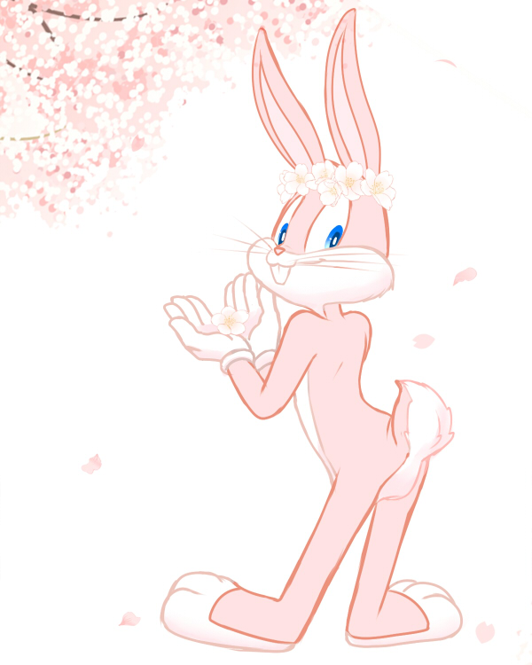 alternate_color anthro blue_eyes buckteeth bugs_bunny butt_pose cherry_blossom clothing flower flower_crown fur gloves lagomorph looking_at_viewer looney_tunes male mammal pink_fur plant rabbit smile solo standing teeth tree warner_brothers whiskers zehn