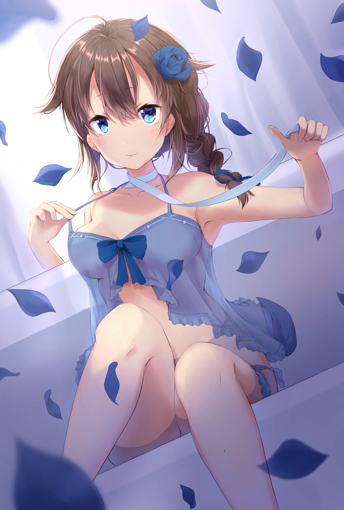 ahoge armpits bangs bare_shoulders blue_eyes blue_flower blue_ribbon blue_rose blurry blush bow braid breasts brown_hair choker collarbone commentary_request couch curtains depth_of_field eyebrows_visible_through_hair feet_out_of_frame flower hair_flaps hair_flower hair_ornament hair_ribbon highres ichinose_kizuki indoors kantai_collection long_hair looking_at_viewer medium_breasts nightgown petals remodel_(kantai_collection) ribbon ribbon_choker rose see-through shigure_(kantai_collection) single_braid sitting smile solo strap_lift underwear underwear_only white_ribbon
