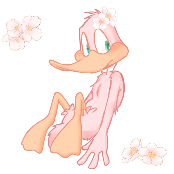 alternate_color anthro avian bird blush daffy_duck duck feathers flower green_eyes looney_tunes male pink_feathers plant sitting solo warner_brothers zehn